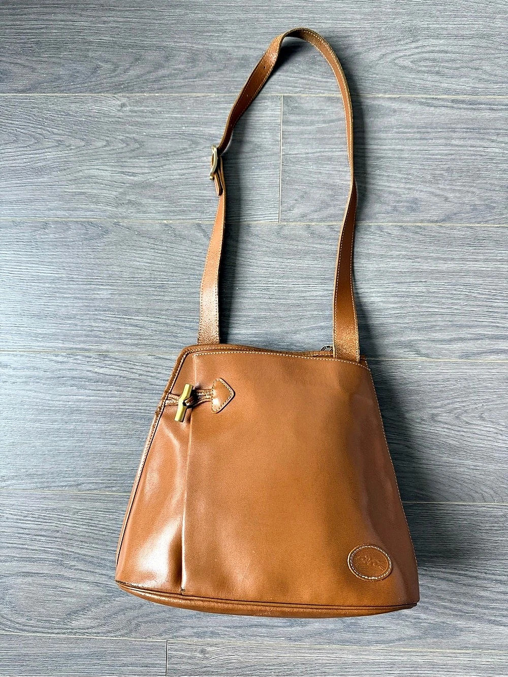 Longchamp Vintage Cognac Leather Shoulder Bag. Made in France